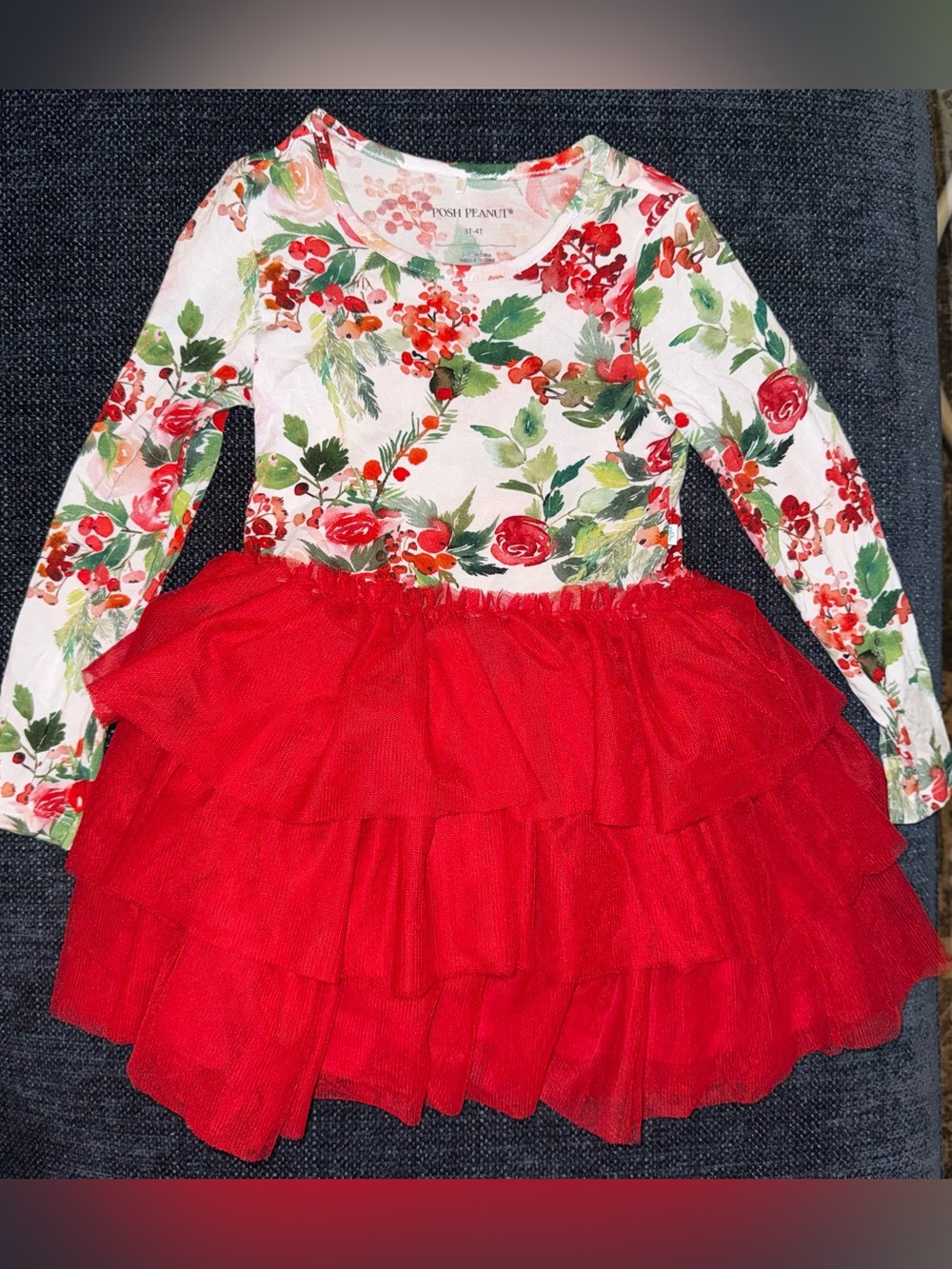 Posh Peanut White Floral Bodice with Red Tulle Tiered Skirt Kids Dress